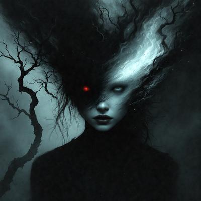 The primary subject of the image is a woman with a black shirt and a red eye. She is wearing a black hat and has a black shirt. The setting is a dark, moody environment with a tree in the background. The visual style is a digital art or illustration, creating a dramatic and intense atmosphere. The colors are predominantly black and red, with the red eye adding a striking element to the image.